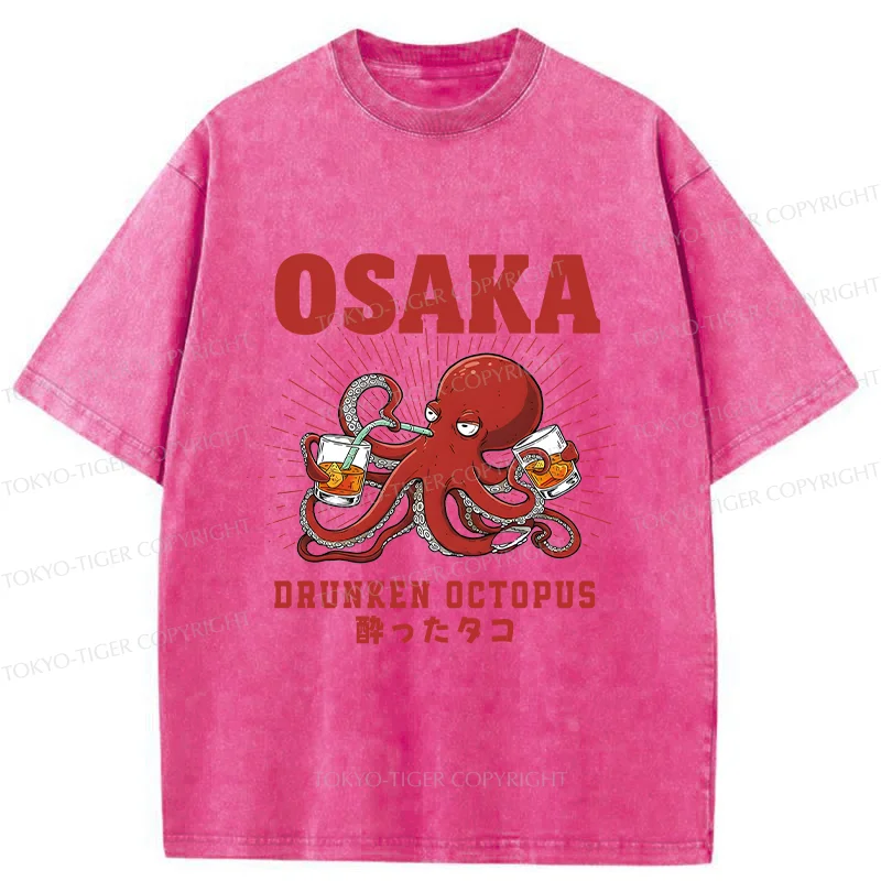 Tokyo-Tiger Octopus Drinking Beer Washed T-Shirt