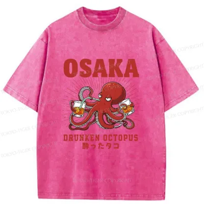Tokyo-Tiger Octopus Drinking Beer Washed T-Shirt