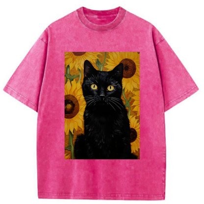 Tokyo-Tiger Black Cat Among Sunflowers Washed T-Shirt