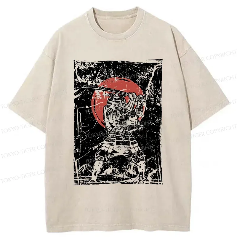 Tokyo-Tiger Japanese Samurai Retro Washed T-Shirt