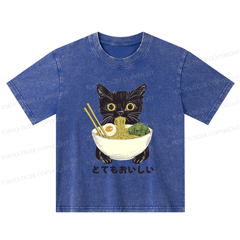 Tokyo-Tiger Ramen Lover Cute Cat Kids Washed T-Shirt