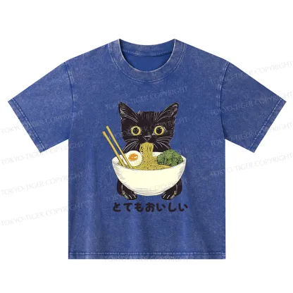 Tokyo-Tiger Ramen Lover Cute Cat Kids Washed T-Shirt