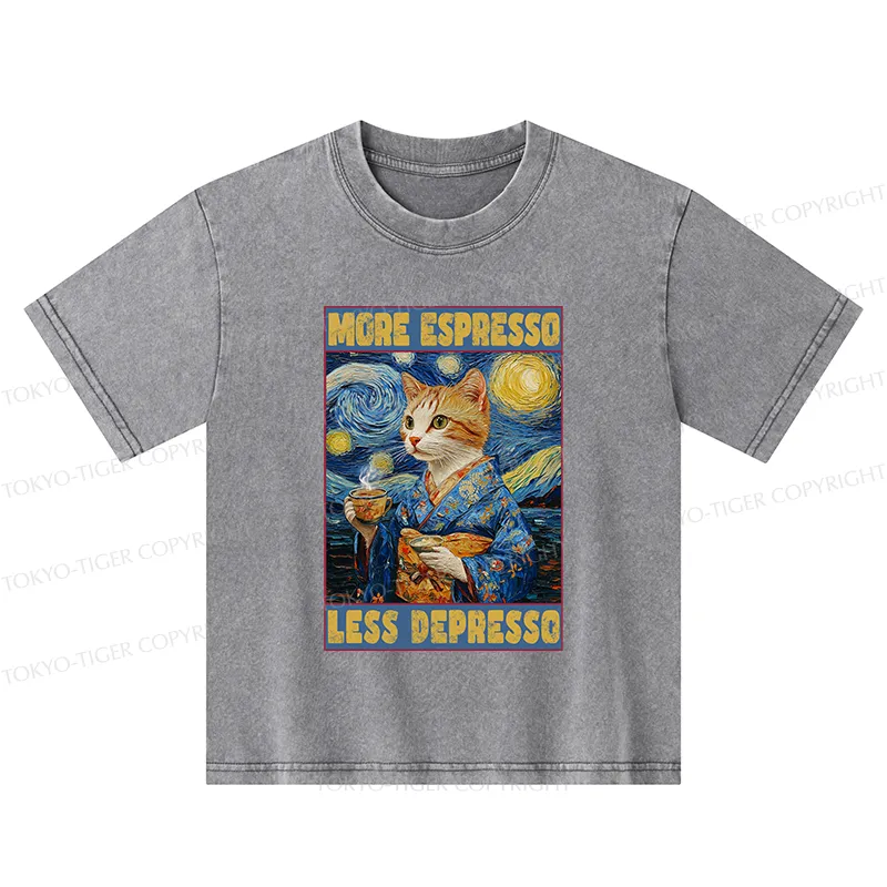Tokyo-Tiger Funny More Espresso Less Depresso Kids Washed T-Shirt