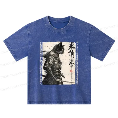 Tokyo-Tiger Cat Samurai Retro Kids Washed T-Shirt