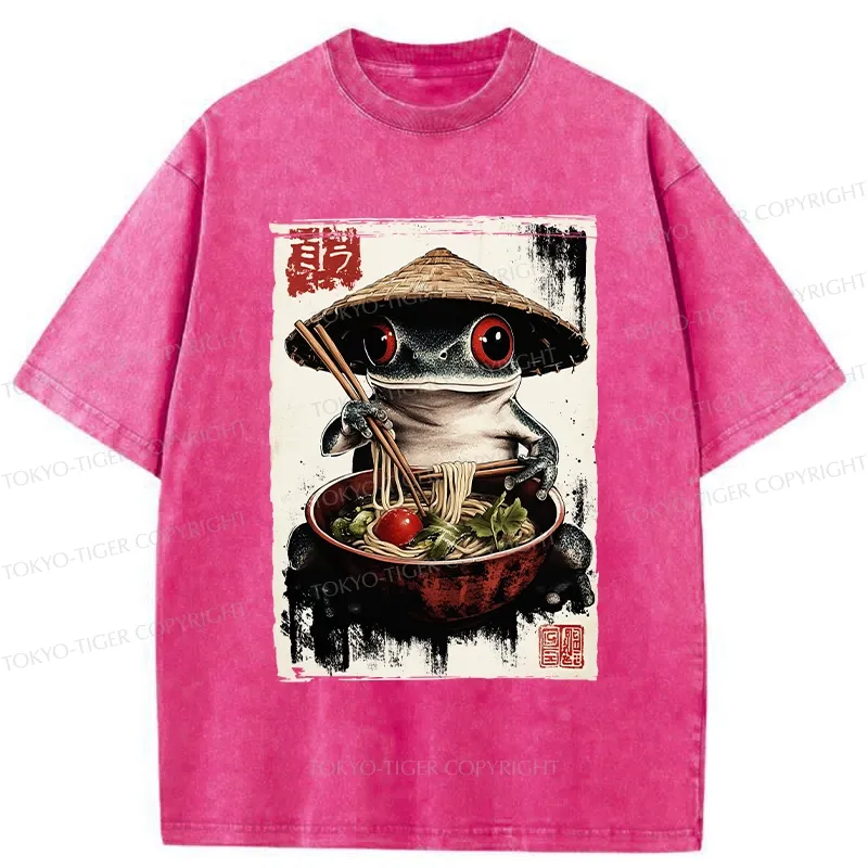 Tokyo-Tiger Retro Frog Eating Ramen Noodles Washed T-Shirt