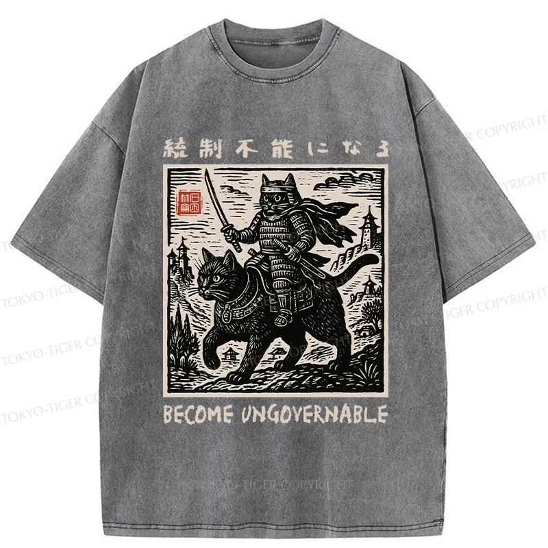 Tokyo-Tiger Funny Cat Samurai Riding A Cat Washed T-Shirt