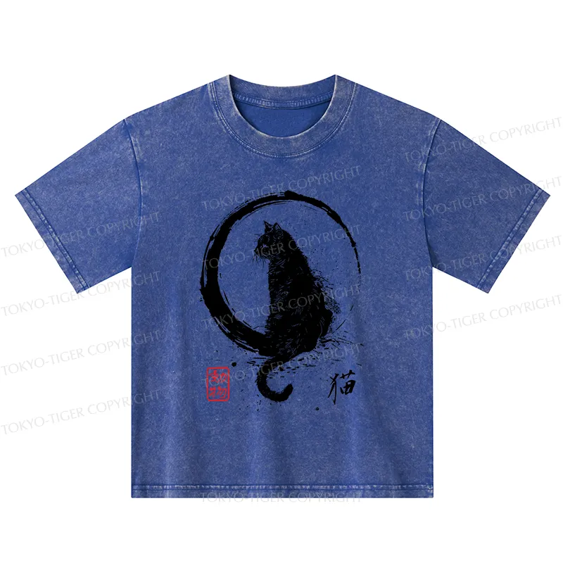 Tokyo-Tiger Retro Japanese Black Cat Kids Washed T-Shirt