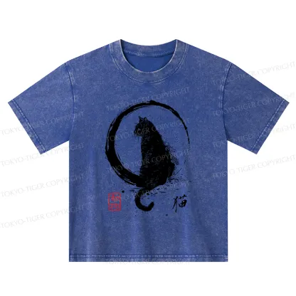 Tokyo-Tiger Retro Japanese Black Cat Kids Washed T-Shirt