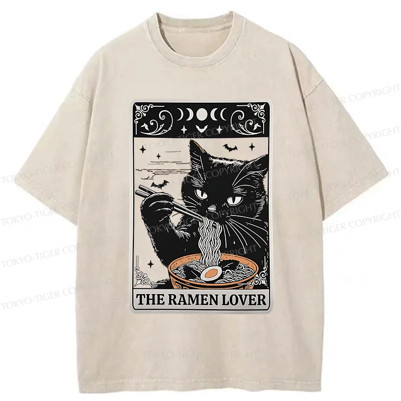 Tokyo-Tiger Cat Loves Ramen Washed T-Shirt