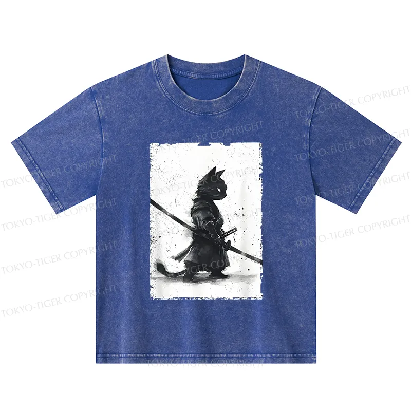Tokyo-Tiger Retro Cat Samurai Japanese Kids Washed T-Shirt