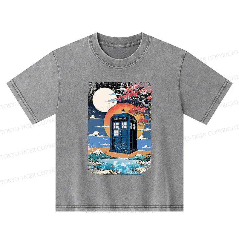 Tokyo-Tiger Tardis Under The Moonlight Kids Washed T-Shirt