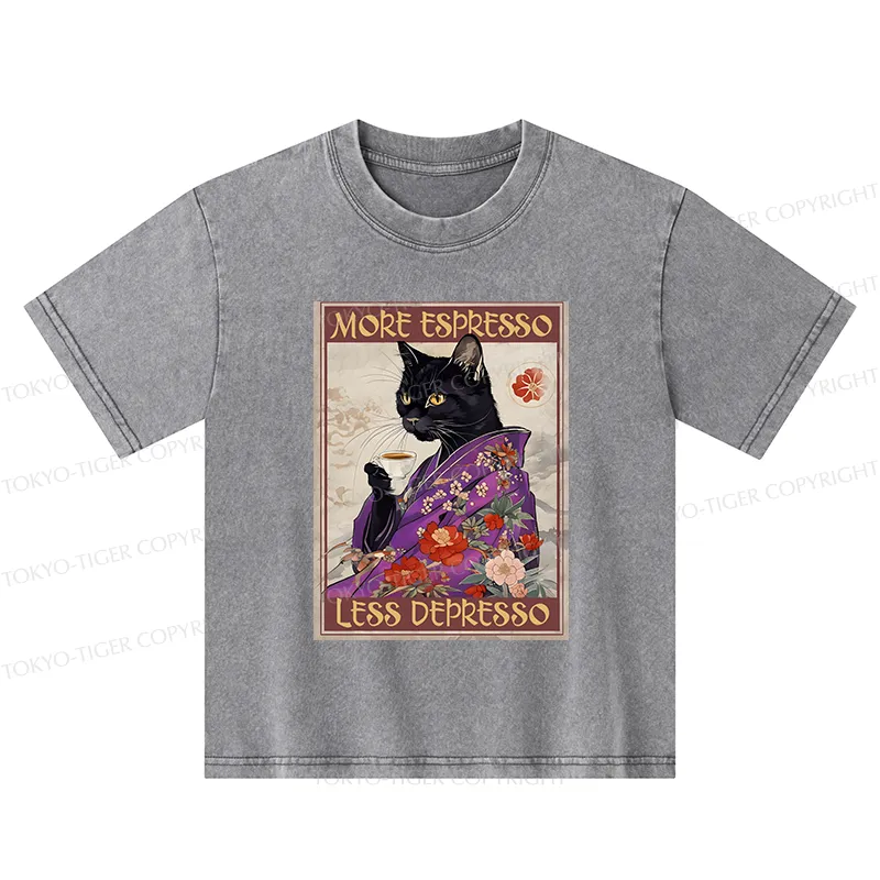 Tokyo-Tiger Japanese Cat Drinking Coffee Kids Washed T-Shirt