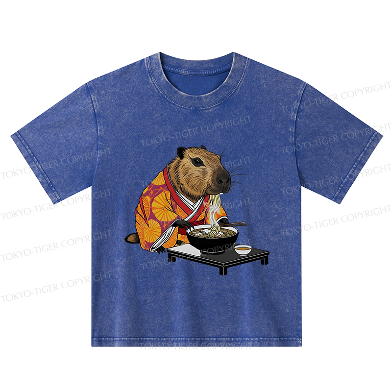 Tokyo-Tiger Cute Capybara Eating Ramen Kids Washed T-Shirt
