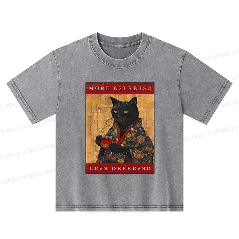 Tokyo-Tiger More Espresso Less Depresso Cat Kids Washed T-Shirt