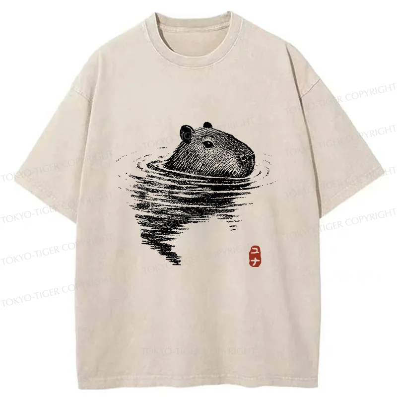 Tokyo-Tiger Swimming Capybara Washed T-Shirt