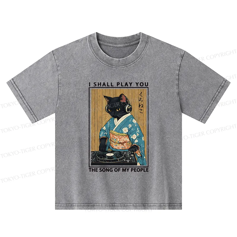 Tokyo-Tiger Funny Playing Music Black Cat Kids Washed T-Shirt