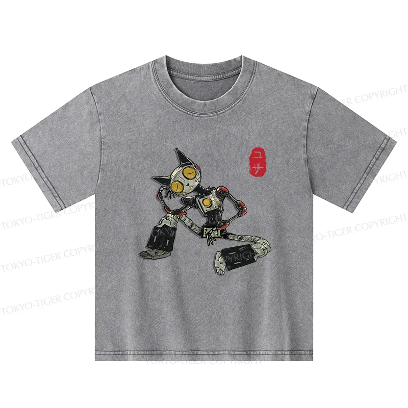 Tokyo-Tiger Contemplative Robot Cat Kids Washed T-Shirt