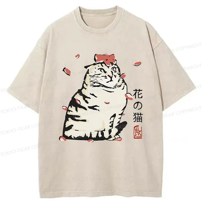 Tokyo-Tiger Cat And Sakura Washed T-Shirt