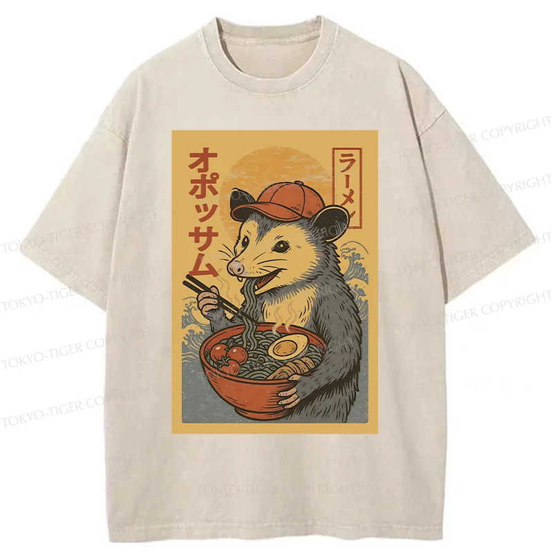 Tokyo-Tiger Opossum Eat Ramen Washed T-Shirt