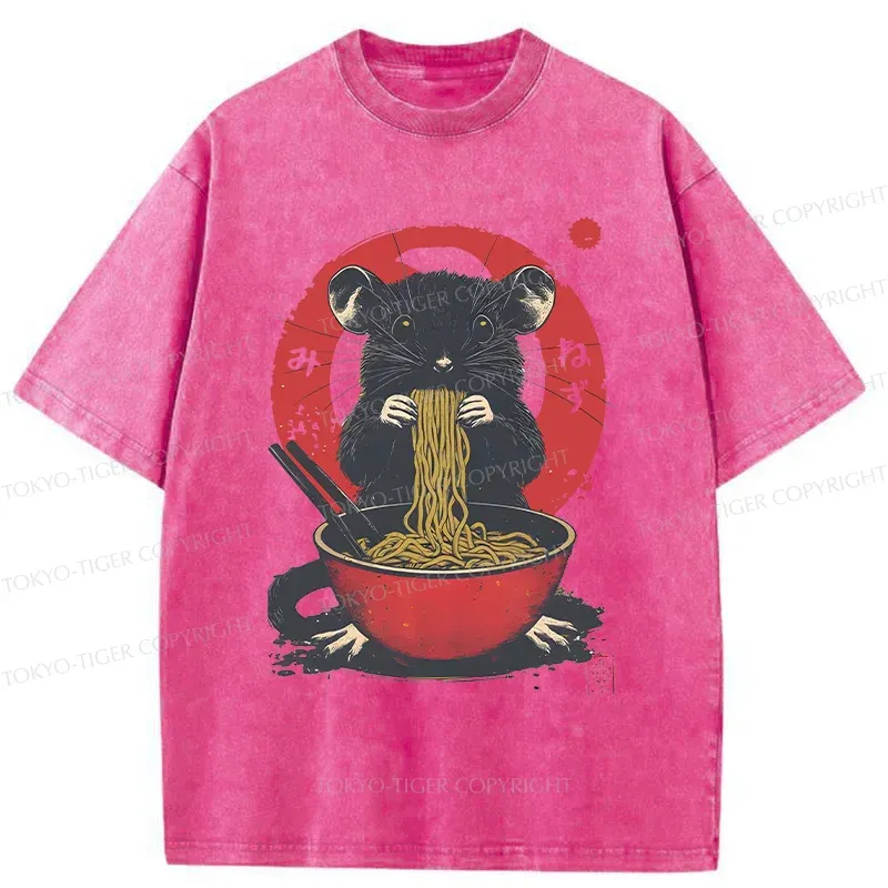 Tokyo-Tiger Mouse Eating Ramen Washed T-Shirt