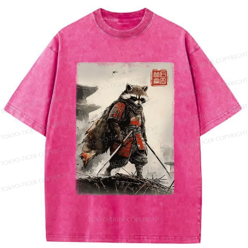 Tokyo-Tiger Retro Raccoon Samurai Washed T-Shirt