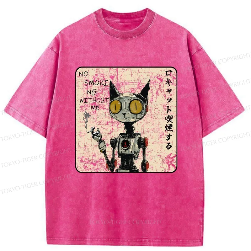 Tokyo-Tiger Smoking Robot Cat Washed T-Shirt