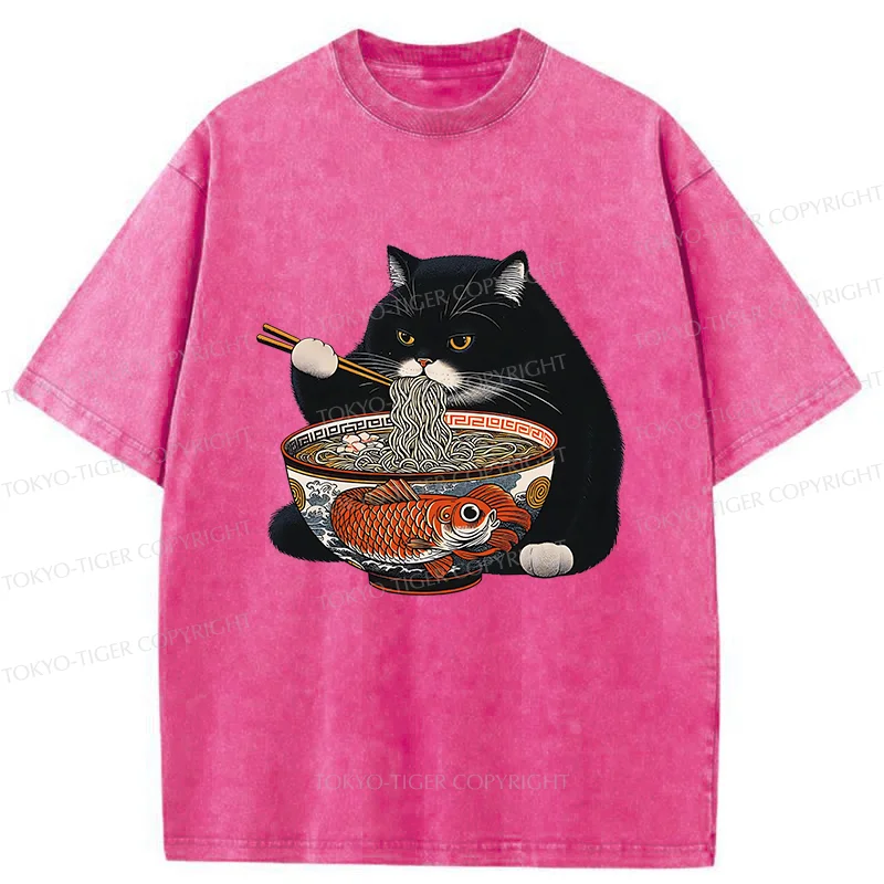 Tokyo-Tiger Fat Cat Eating Ramen Washed T-Shirt