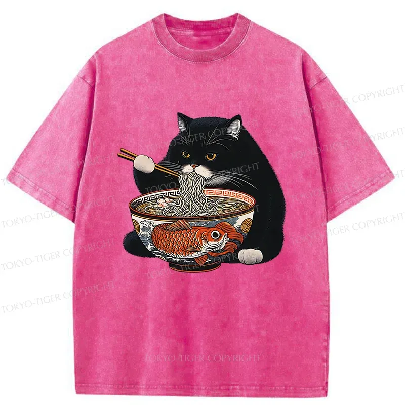 Tokyo-Tiger Fat Cat Eating Ramen Washed T-Shirt