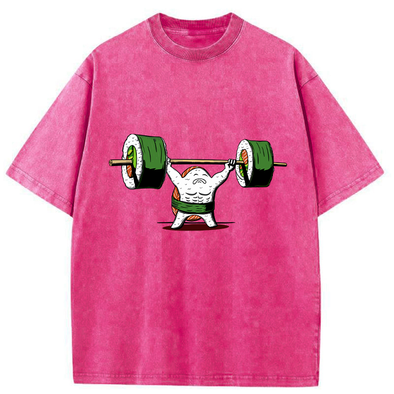 Tokyo-Tiger Funny Sushi Weightlifting Washed T-Shirt