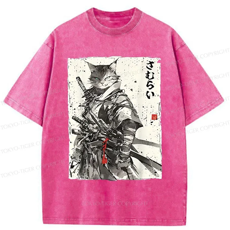 Tokyo-Tiger Retro Cat Samurai Washed T-Shirt