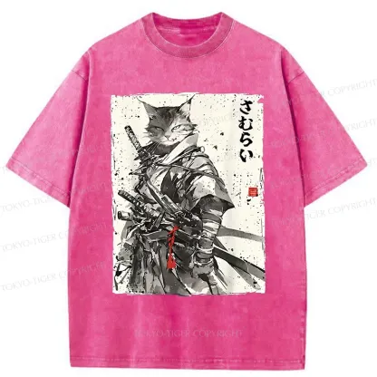 Tokyo-Tiger Retro Cat Samurai Washed T-Shirt