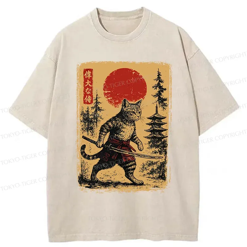 Tokyo-Tiger Stray Cat Samurai Washed T-Shirt