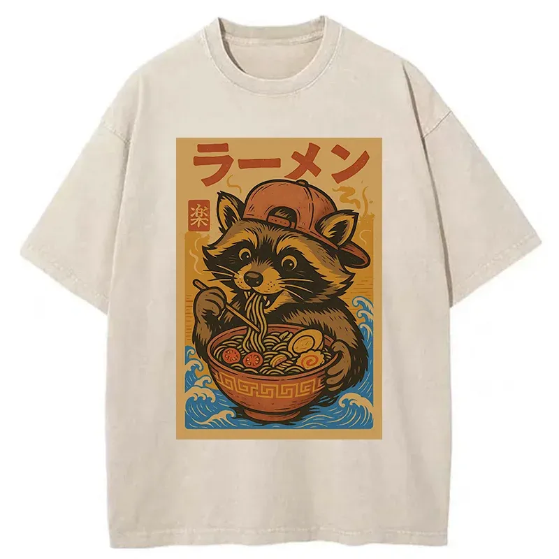 Tokyo-Tiger Cute Raccoon Eating Ramen Washed T-Shirt