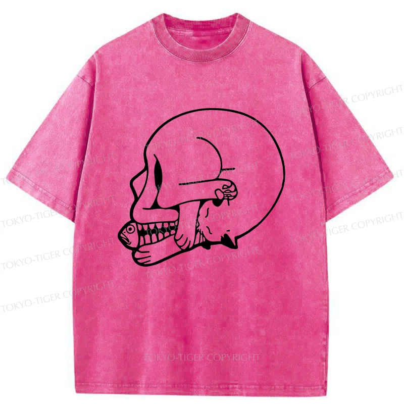 Tokyo-Tiger Funny Cat Eating Fish Washed T-Shirt