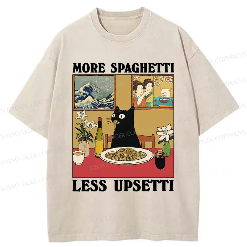 Tokyo-Tiger Cat Eating Pasta Washed T-Shirt