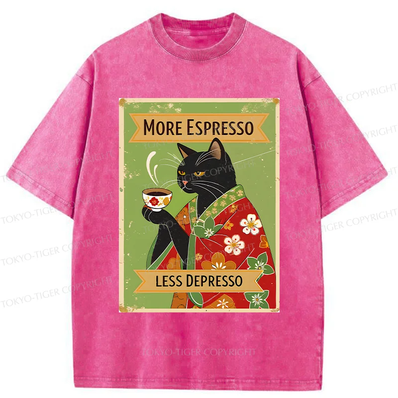 Tokyo-Tiger Cute Black Cat Drinking Coffee Washed T-Shirt