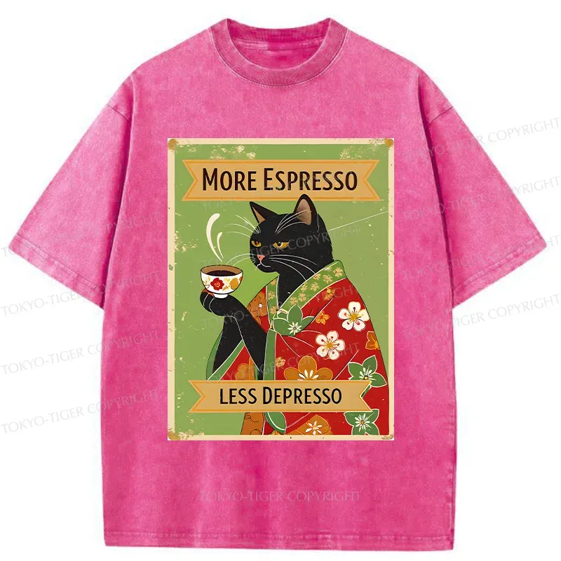 Tokyo-Tiger Cute Black Cat Drinking Coffee Washed T-Shirt