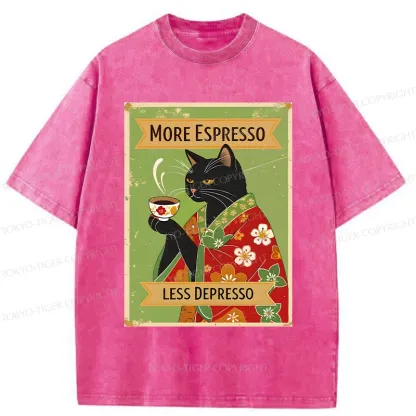 Tokyo-Tiger Cute Black Cat Drinking Coffee Washed T-Shirt
