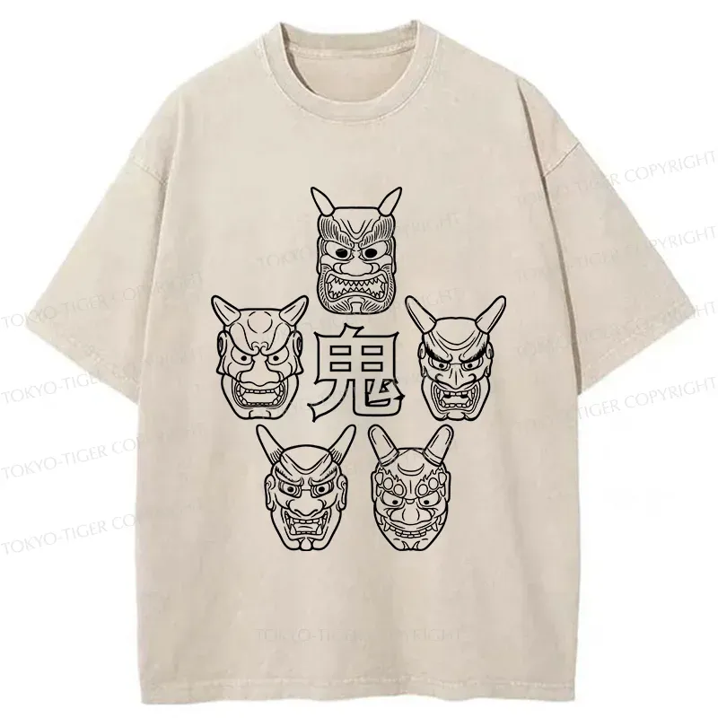 Tokyo-Tiger Five Ghost Faces Washed T-Shirt