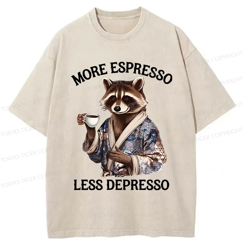 Tokyo-Tiger Raccoon Drinking Coffee Washed T-Shirt