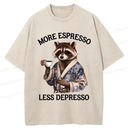 Tokyo-Tiger Raccoon Drinking Coffee Washed T-Shirt
