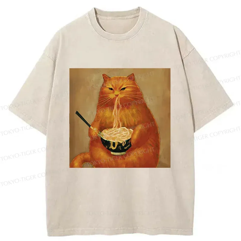 Tokyo-Tiger Cat Eating Ramen Japanese Retro Washed T-Shirt