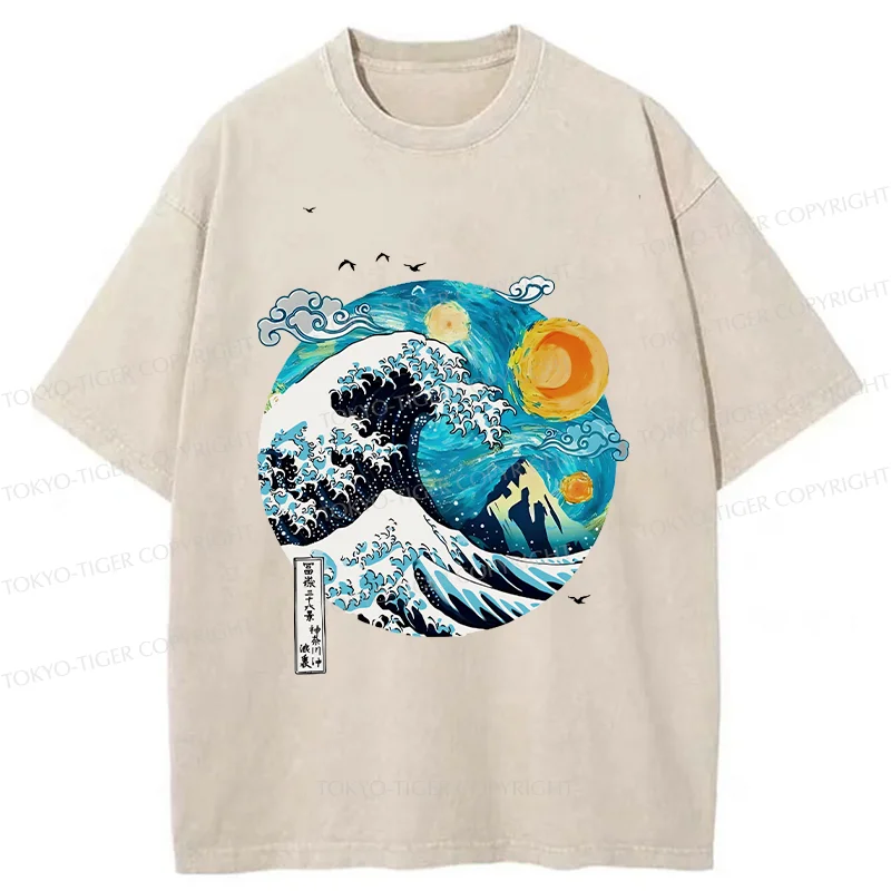 Tokyo-Tiger Waves Under The Starry Sky Washed T-Shirt