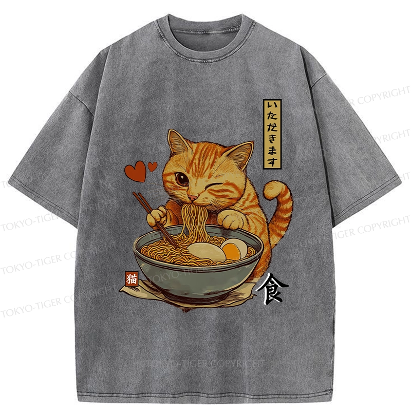 Tokyo-Tiger Cat Enjoying Eating Ramen Washed T-Shirt