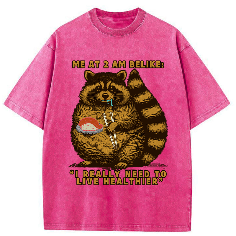 Tokyo-Tiger Fat Raccoon Eating Sushi Washed T-Shirt