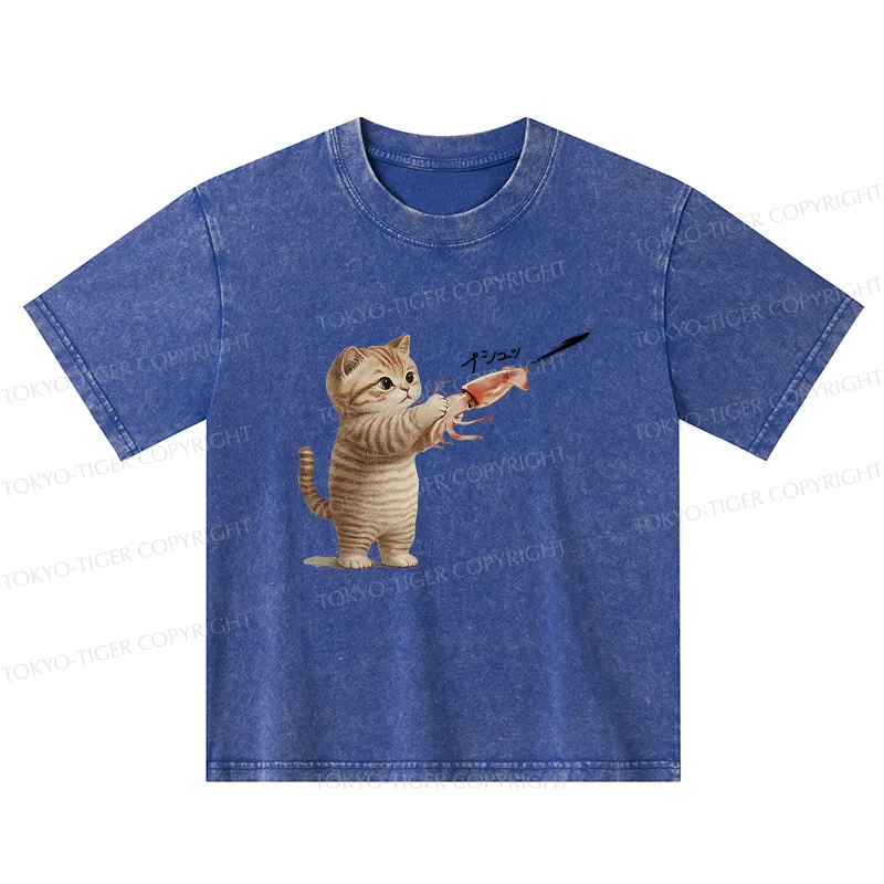 Tokyo-Tiger Funny Cat Shoots Squid Ink Washed T-Shirt