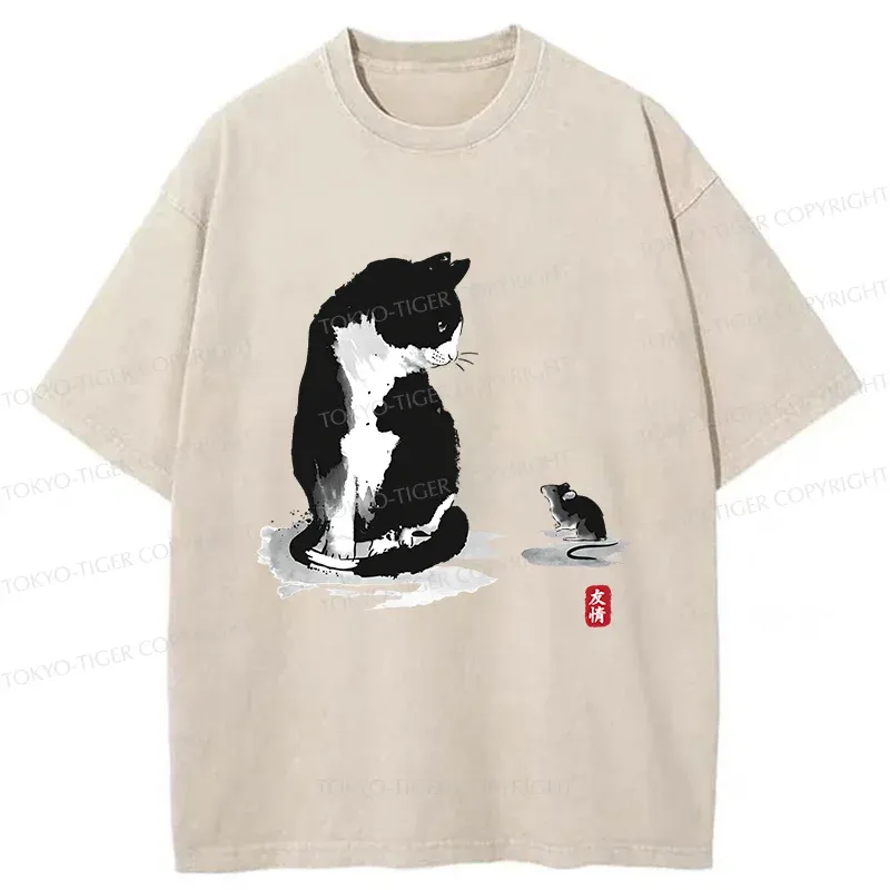 Tokyo-Tiger Cat And Mouse Friendship Washed T-Shirt