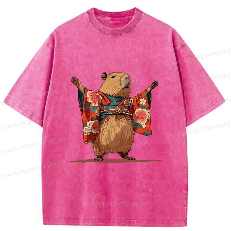 Tokyo-Tiger Capybara In Kimono Washed T-Shirt