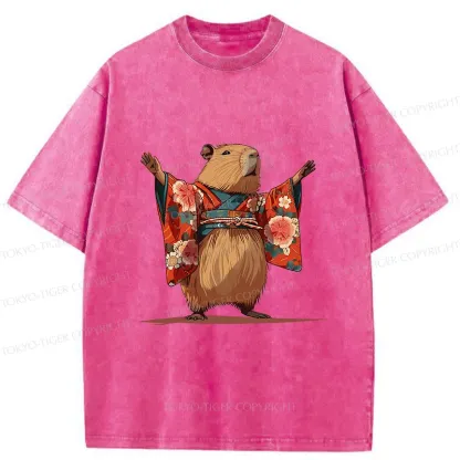Tokyo-Tiger Capybara In Kimono Washed T-Shirt