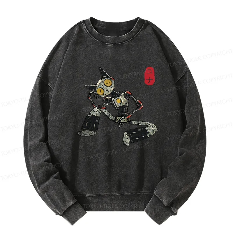 Tokyo-Tiger Contemplative Robot Cat Washed Sweatshirt